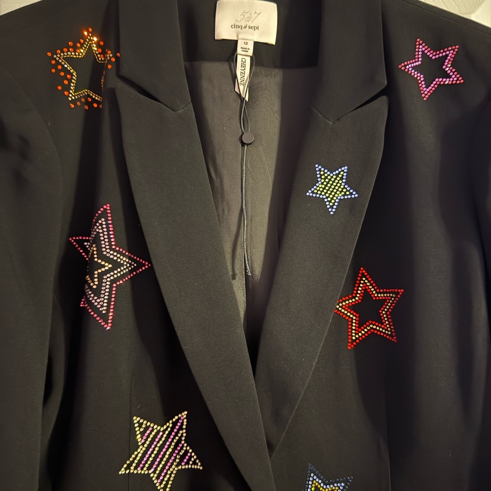 Cinq à Sept Black Blazer with multi - colored Rhinestone Star Embellishments - Picture 6 of 11